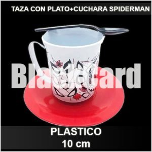 SET TAZA CON PLATO + CUCHARA SPIDERMAN DE PLASTICO 10CM