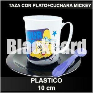 SET TAZA CON PLATO + CUCHARA MICKEY DE PLASTICO 10CM