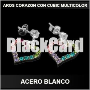 AROS CORAZON CON CUBIC MULTICOLOR ACERO BLANCO