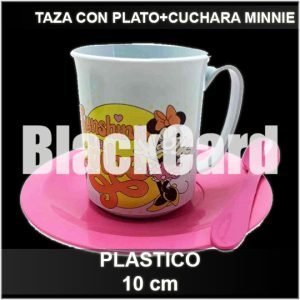 SET TAZA CON PLATO + CUCHARA MINNIE DE PLASTICO 10CM