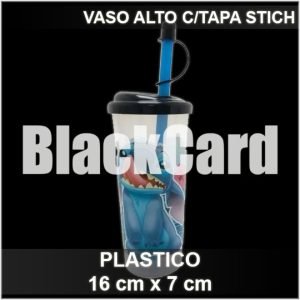 VASO ALTO C/TAPA STITCH DE PLASTICO 16X7CM