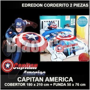 EDREDON CORDERITO 2 PIEZAS COBERTOR 180 x 210 CM + FUNDA 50 x 76 CM CAPITAN AMERICA
