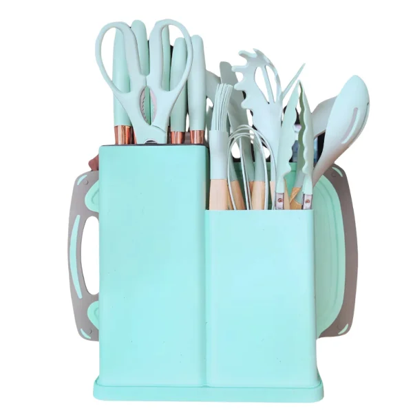 KIT SET DE 19 UTENSILIOS DE COCINA MANGO MADERA PUNTA SILICONA - Imagen 2