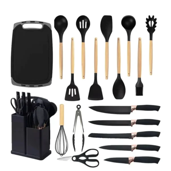 KIT SET DE 19 UTENSILIOS DE COCINA MANGO MADERA PUNTA SILICONA - Imagen 3
