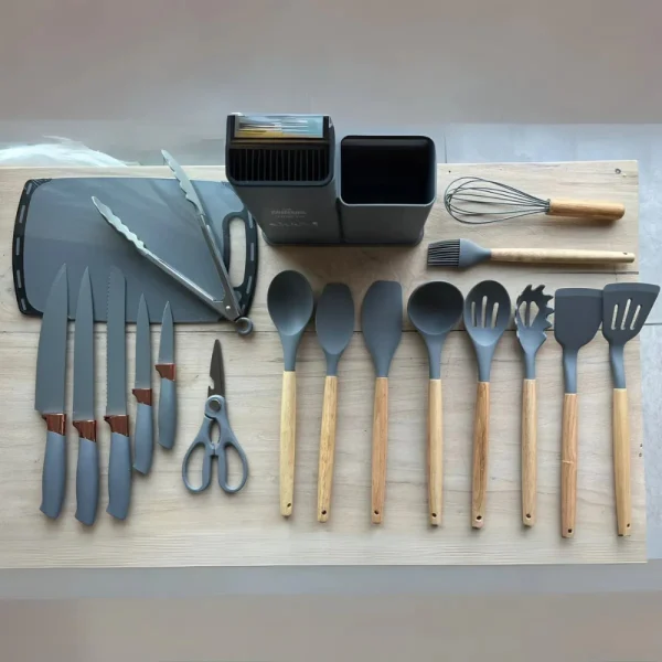 KIT SET DE 19 UTENSILIOS DE COCINA MANGO MADERA PUNTA SILICONA - Imagen 4