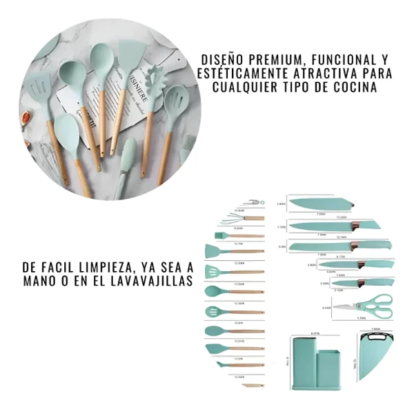 KIT SET DE 19 UTENSILIOS DE COCINA MANGO MADERA PUNTA SILICONA - Imagen 5