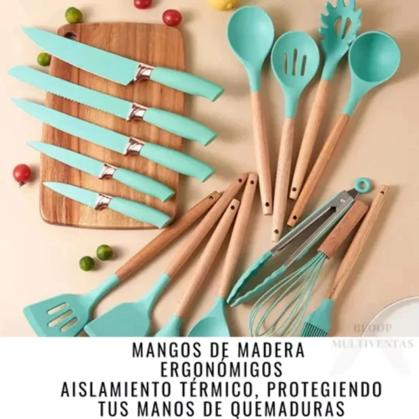 KIT SET DE 19 UTENSILIOS DE COCINA MANGO MADERA PUNTA SILICONA - Imagen 6