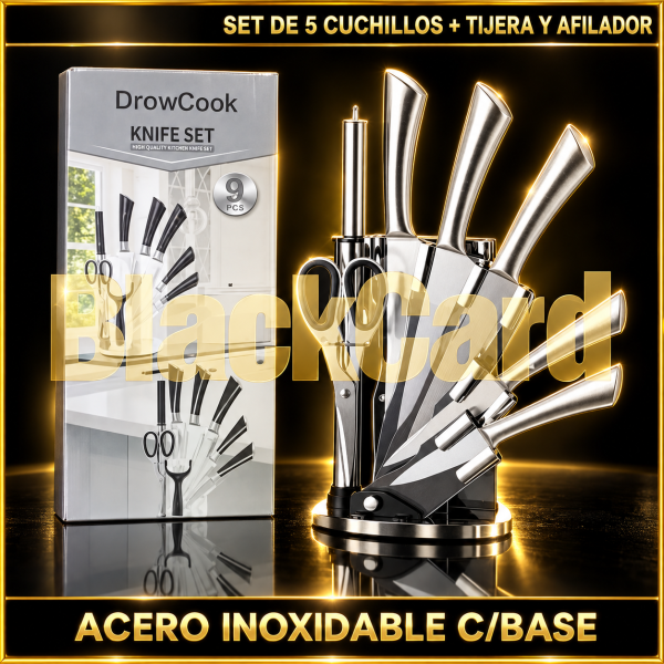 SET DE 5 CUCHILLOS + TIJERA Y AFILADOR ACERO INOX. + BASE