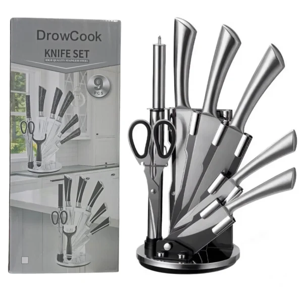 SET DE 5 CUCHILLOS + TIJERA Y AFILADOR ACERO INOX. + BASE - Imagen 4