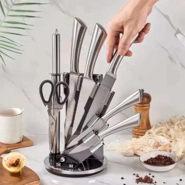 SET DE 5 CUCHILLOS + TIJERA Y AFILADOR ACERO INOX. + BASE - Imagen 3