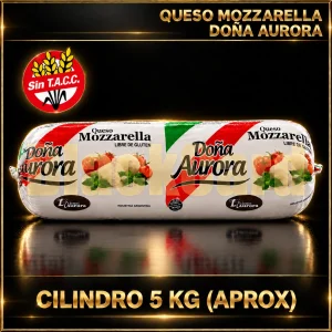 Queso mozzarella Doña Aurora, cilindro de aproximadamente 5 kg, sobre fondo negro con diseño dorado