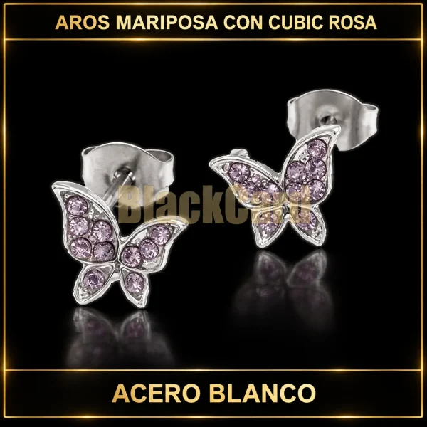 AROS MARIPOSA CON CUBIC ROSA ACERO BLANCO