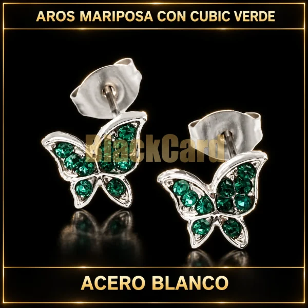 AROS MARIPOSA CON CUBIC VERDE ACERO BLANCO