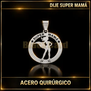DIJE "SUPER MAMÁ" (A.Q) — vista principal sobre fondo negro con detalles dorados