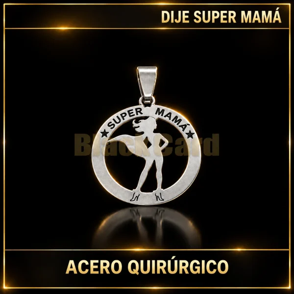 DIJE "SUPER MAMÁ" (A.Q) — vista principal sobre fondo negro con detalles dorados