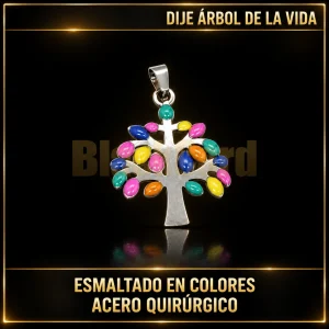 DIJE ÁRBOL DE LA VIDA CON DETALLES ESMALTADO EN COLORES (A.Q.) — vista principal sobre fondo negro con detalles dorados