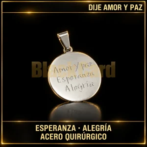 DIJE "AMOR Y PAZ - ESPERANZA - ALEGRÍA" (A.Q) — vista principal sobre fondo negro con detalles dorados