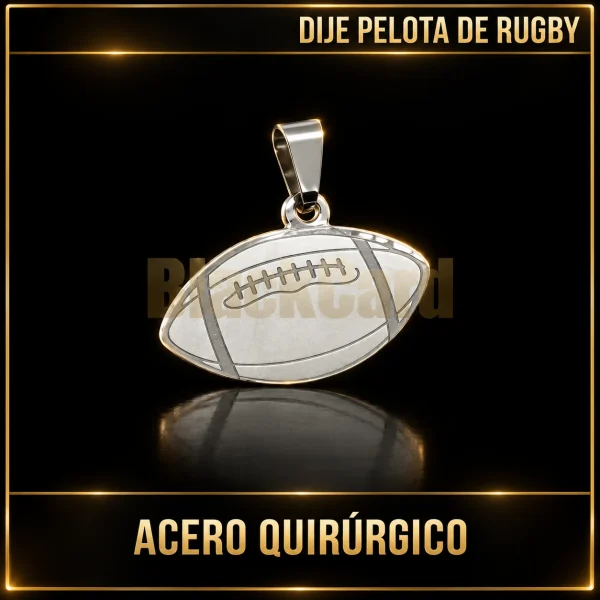 DIJE PELOTA DE RUGBY (A.Q) — vista principal sobre fondo negro con detalles dorados