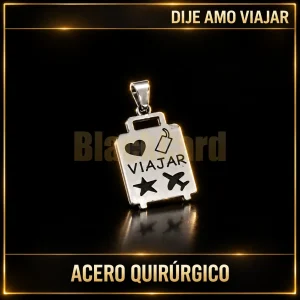 DIJE "AMO VIAJAR" (A.Q) — vista principal sobre fondo negro con detalles dorados
