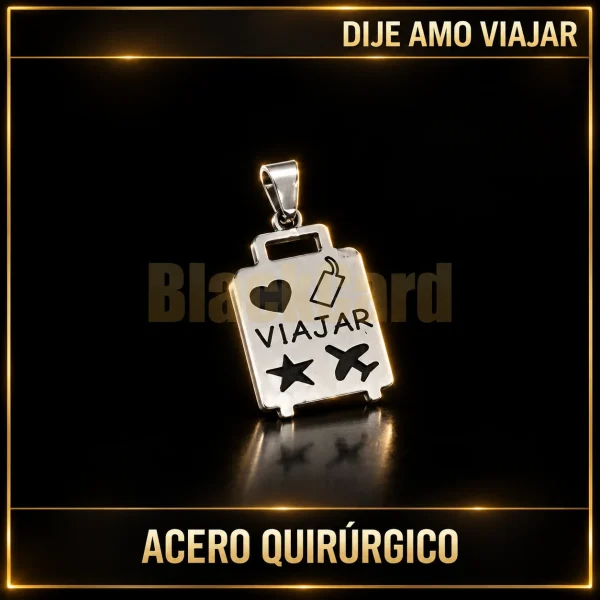 DIJE "AMO VIAJAR" (A.Q) — vista principal sobre fondo negro con detalles dorados