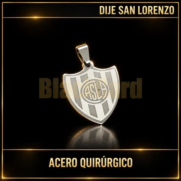 DIJE SAN LORENZO (A.Q) — vista principal sobre fondo negro con detalles dorados