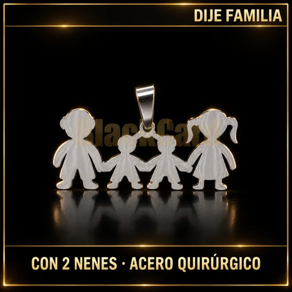 DIJE FAMILIA (CON 2 NENES) (A.Q) — vista principal sobre fondo negro con detalles dorados