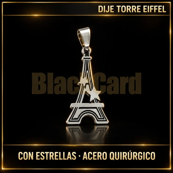 DIJE TORRE EIFFEL CON ESTRELLAS (A.Q.) — vista principal sobre fondo negro con detalles dorados