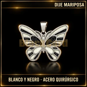 DIJE MARIPOSA ESMALTADA BLANCO Y NEGRO (A.Q.) — vista principal sobre fondo negro con detalles dorados