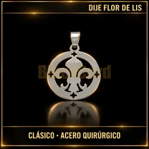 DIJE FLOR DE LIS (CLÁSICO) (A.Q) — vista principal sobre fondo negro con detalles dorados