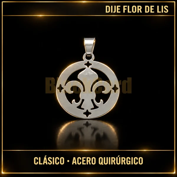 DIJE FLOR DE LIS (CLÁSICO) (A.Q) — vista principal sobre fondo negro con detalles dorados