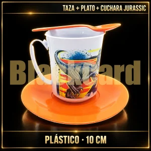 SET TAZA CON PLATO + CUCHARA JURASSIC DE PLASTICO 10CM
