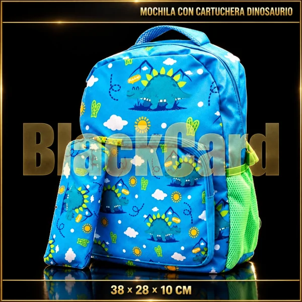 MOCHILA CON CARTUCHERA DINOSAURIO 38X28X10CM