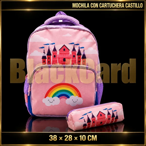 MOCHILA CON CARTUCHERA CASTILLO 38X28X10CM