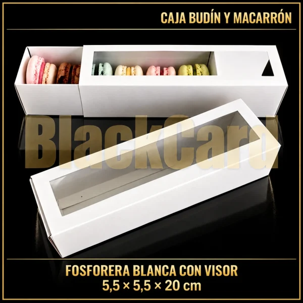 CAJA BUDIN Y MACARRON FOSFORERA CON VISOR BLANCO (5,5 x 5,5 x 20)