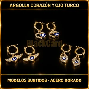 ARGOLLA CON DIJE CORAZÓN Y OJO TURCO (MODELO SURTIDO) (ACERO DORADO)