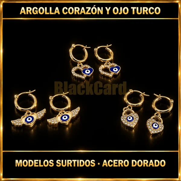 ARGOLLA CON DIJE CORAZÓN Y OJO TURCO (MODELO SURTIDO) (ACERO DORADO)